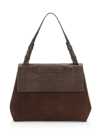 Shop Nancy Gonzalez Medium Sophie Crocodile-trimmed Suede Satchel In Chocolate