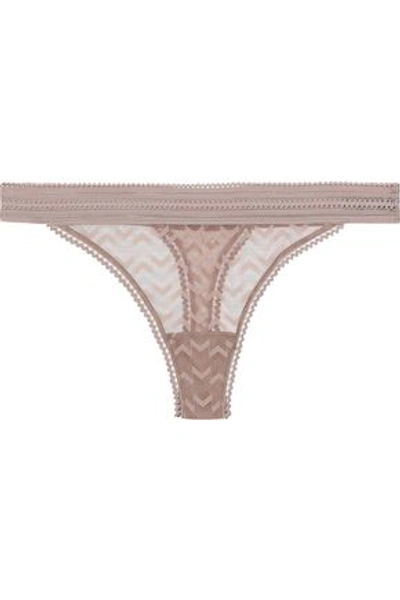 Shop Else Boomerang Lace-trimmed Stretch-mesh Mid-rise Thong In Neutral