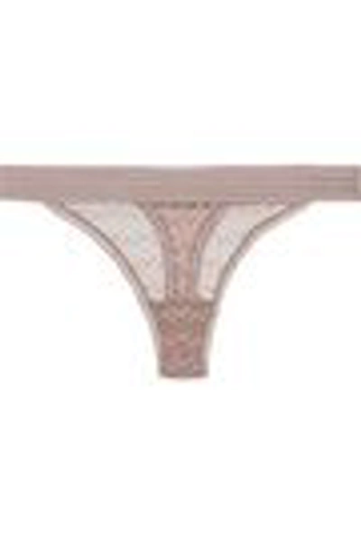 Shop Else Boomerang Lace-trimmed Stretch-mesh Mid-rise Thong In Neutral