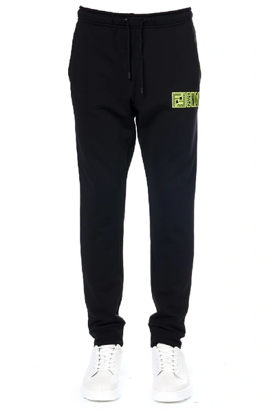 Shop Fendi Black Mixed Cotton Sport Trousers With Logo Patch In Black/yellow