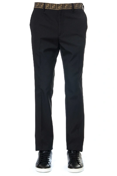 Shop Fendi Black Blend Cotton Pants With Logo In Black/brown