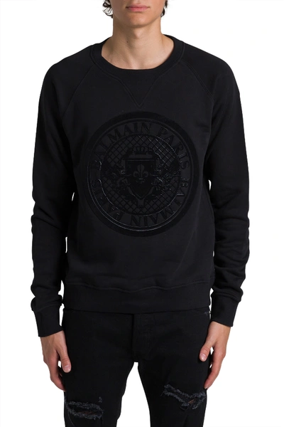 Shop Balmain Crewneck Sweatshirt With Coin Logo Print In Nero