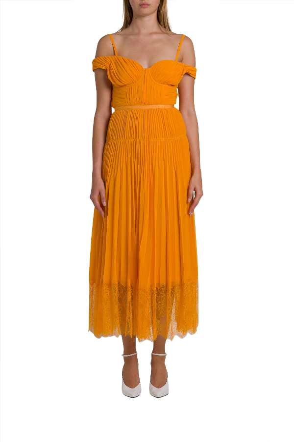 orange off shoulder pleated chiffon dress