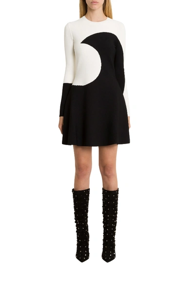Shop Valentino Short Knit Dress With Moon Intarsia In Bianco/nero