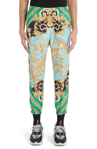 Shop Versace Baroque Print Athletic Pants In Green/light Blue