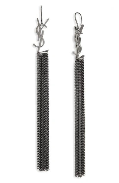 Shop Saint Laurent Logo Fringe Linear Drop Earrings In Grey