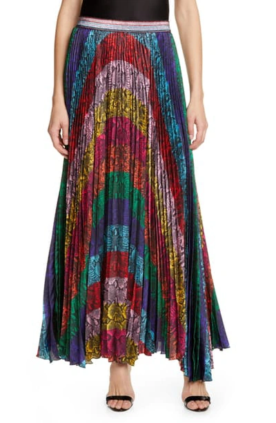 Shop Alice And Olivia Katz Sunburst Snakeskin Print Pleated Maxi Skirt In Rainbow Snake Stripe