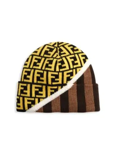 Shop Fendi Ff Print & Striped Hat Wool Beanie In Brown Yellow