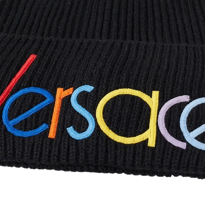Shop Versace Multicoloured 80s Embroidered Logo Beanie In Black