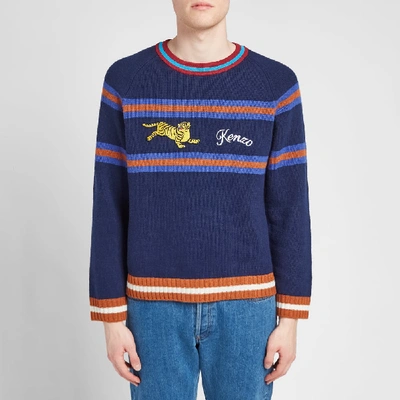 Shop Kenzo Striped Jumping Tiger Knit In Blue