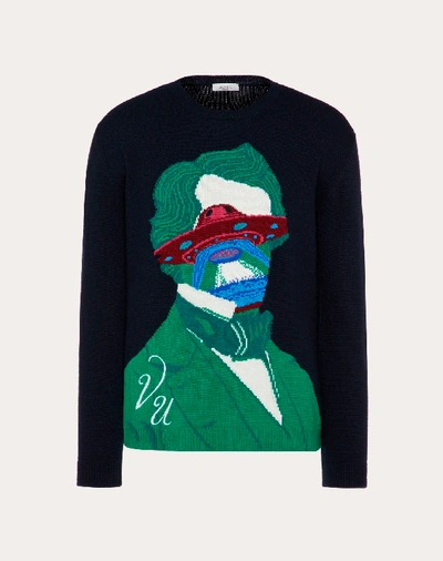 Shop Valentino Uomo Sweater With V Face Ufo Print In Dark Blue