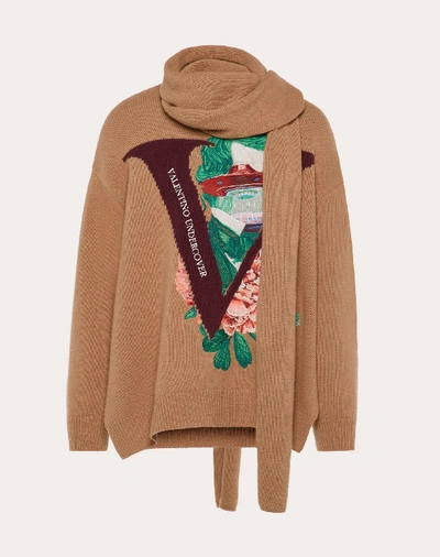 Shop Valentino Uomo Jumper With Scarf And V Face Rose Embroidery In Camel