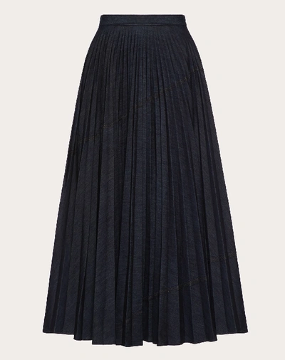 Shop Valentino Pleated Denim Skirt In Dark Blue