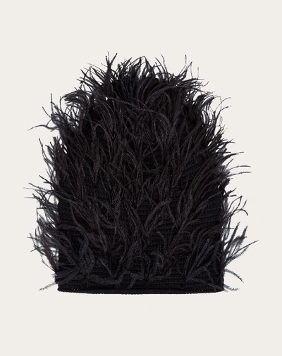 Shop Valentino Garavani Beanie Hat With Feather Embellishments In Black