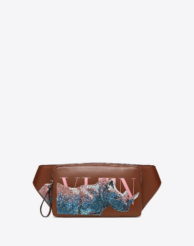 Shop Valentino Garavani Uomo Leather Vltn Belt Bag With Rhinoceros Embroidery Man Tan 100% Python Onesize