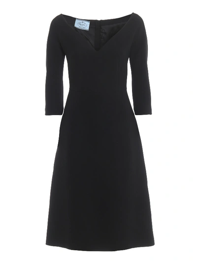 Shop Prada V Neckline Cady Flared Dress In Black