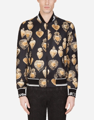 Shop Dolce & Gabbana Silk Jacket With Sacred Heart Print In Black