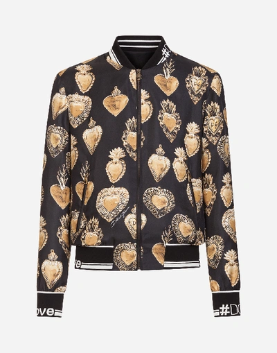 Shop Dolce & Gabbana Silk Jacket With Sacred Heart Print In Black