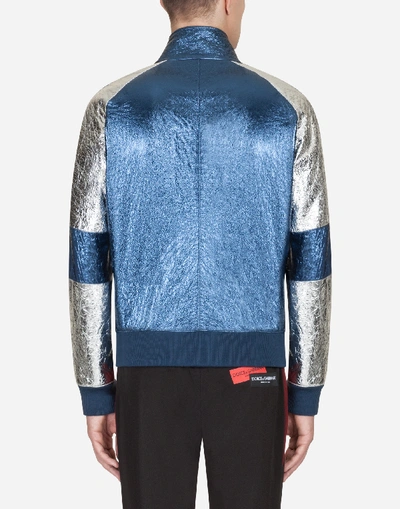 Shop Dolce & Gabbana Jacket With Patch In Laminated Leather In Blue