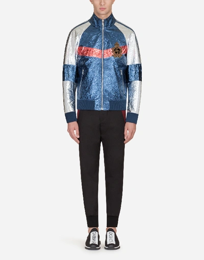 Shop Dolce & Gabbana Jacket With Patch In Laminated Leather In Blue