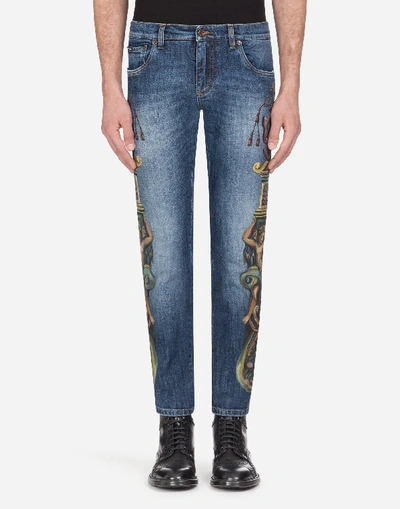 Shop Dolce & Gabbana Skinny Stretch Jeans With Heraldic Print In Blue