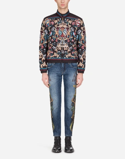 Shop Dolce & Gabbana Skinny Stretch Jeans With Heraldic Print In Blue