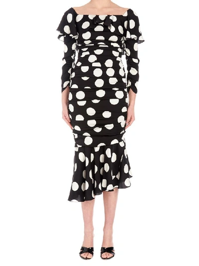 Shop Dolce & Gabbana Off Shoulder Polka Dot Midi Dress In Multi