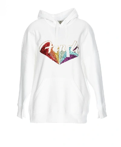 Shop Fendi Sequin Logo Embellished Hoodie In White