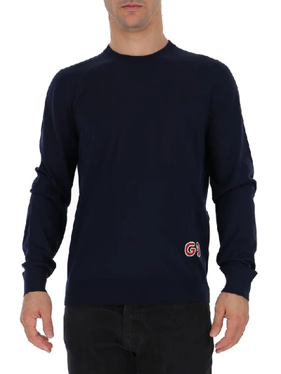 Shop Gucci Logo Embroidered Sweater In Navy