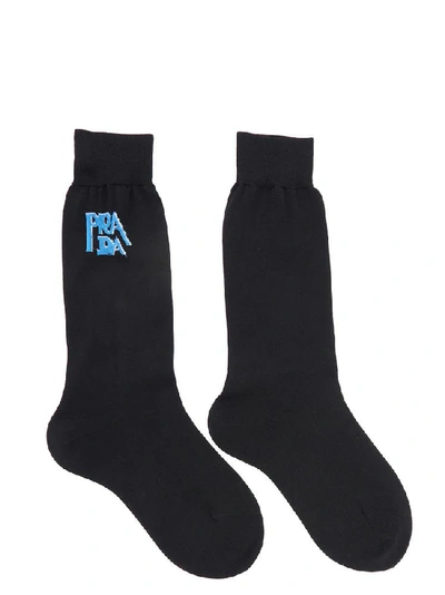 Shop Prada Embroidered Logo Socks In Black