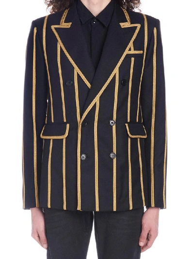 Shop Saint Laurent Striped Double Breasted Blazer In Black