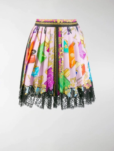 Shop Versace Blonde Print Lace Skirt In Pink