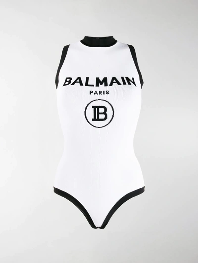 Shop Balmain Contrast Logo Knit Bodysuit In White