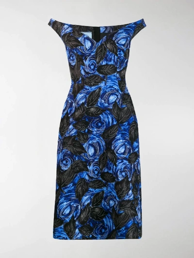 Shop Prada Rose Print Dress In Blue