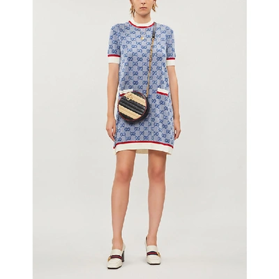 Shop Gucci Gg Logo-pattern Wool And Cotton-blend Mini Dress In Multi