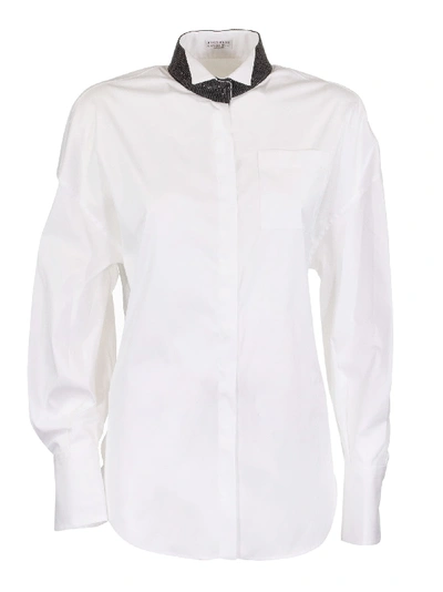 Shop Brunello Cucinelli Stretch Cotton Poplin Shirt With Contrast Collar In White