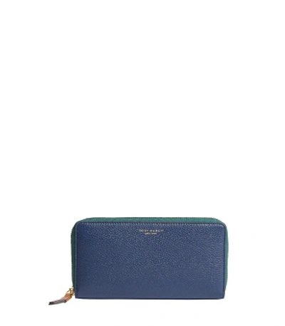 Shop Tory Burch Perry Color-block Zip Continental Wallet In Royal Navy/shell Pink