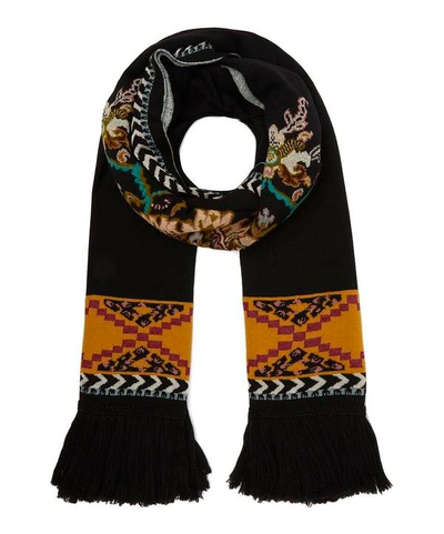 Shop Etro Floral Knitted Fringed Scarf In Black