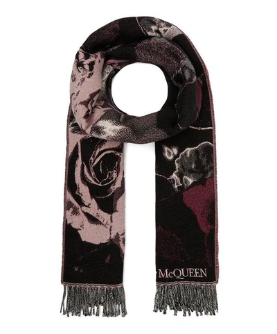 Shop Alexander Mcqueen Torn Roses Wool Scarf In Black