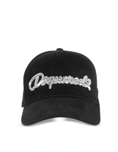 Shop Dsquared2 Velvet And Sequins Signature Baseball Cap In Black / Silver