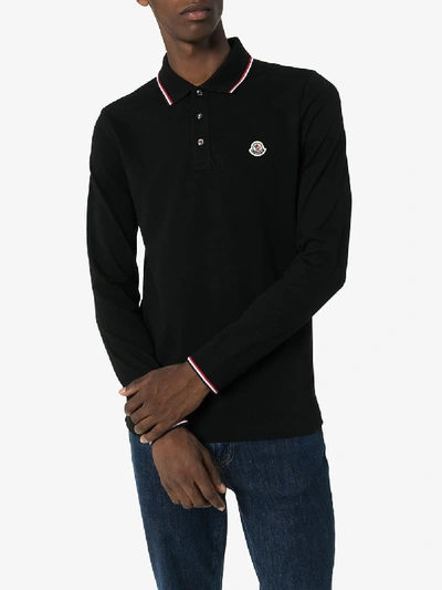 Shop Moncler Logo Embroidered Cotton Polo Shirt In Black