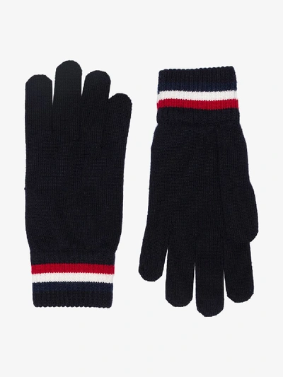Shop Moncler Navy Logo Patch Wool Gloves In Blue