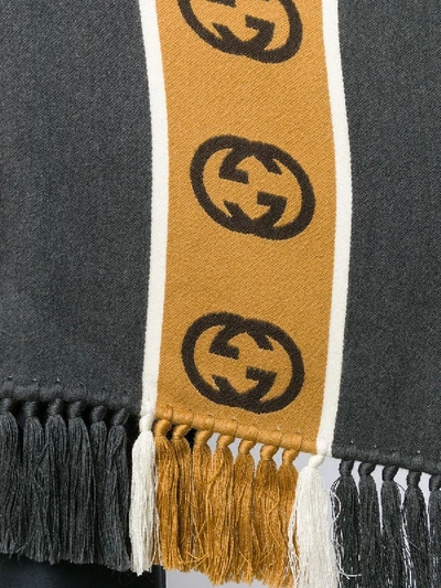 Shop Gucci Wool Poncho With Interlocking G Stripe In Grey