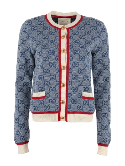 Shop Gucci Gg Jacquard Knit Cardigan In Blue