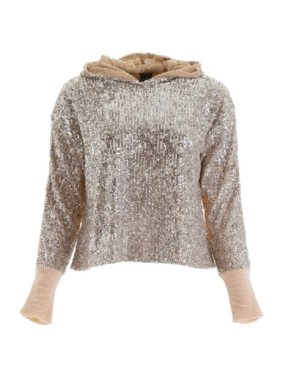 Shop Pinko Knit Hoodie With Sequins In Platino (beige)