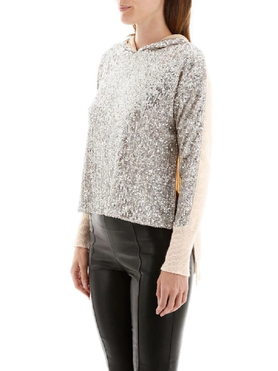 Shop Pinko Knit Hoodie With Sequins In Platino (beige)