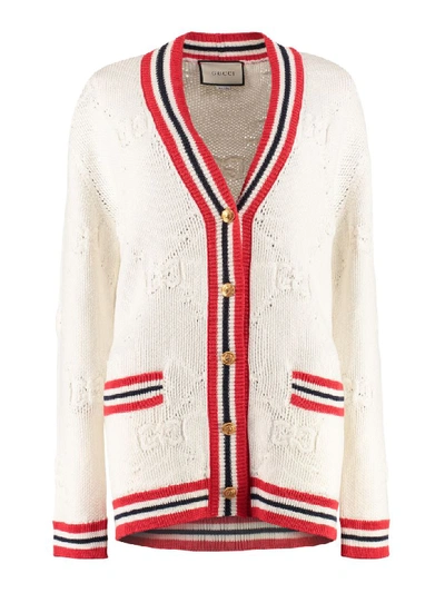 Shop Gucci Cardigan With Embellished Buttons In White