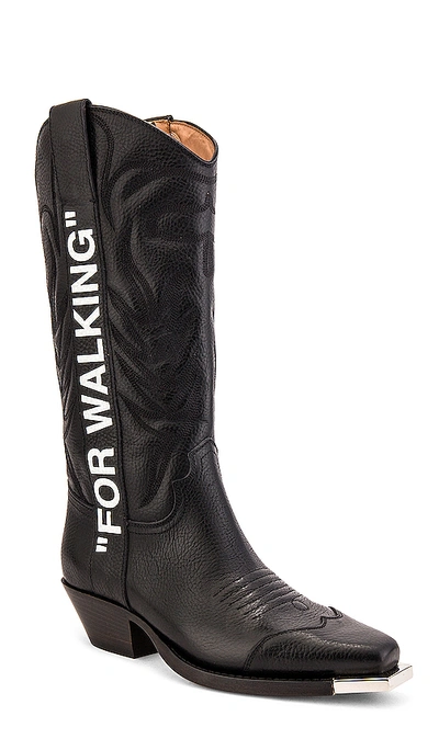 Off-white For Walking Embroidered Printed Textured-leather Knee Boots In  Black | ModeSens