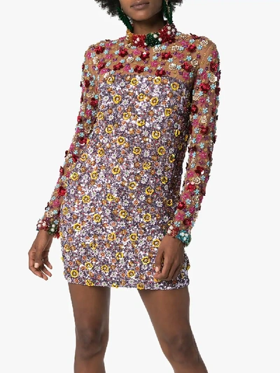 Shop Ashish Floral Appliqué Sequin Mini Dress In Brown