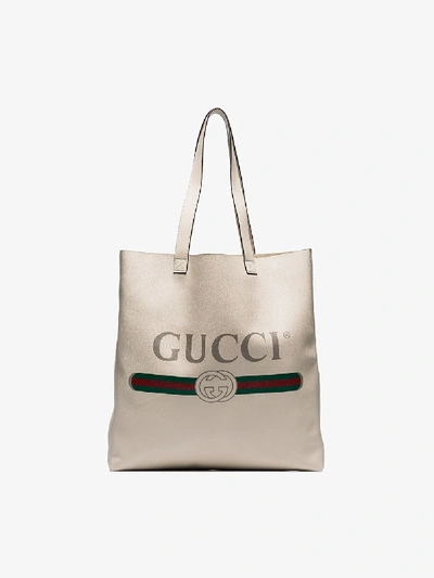 Shop Gucci White Logo Print Leather Tote Bag